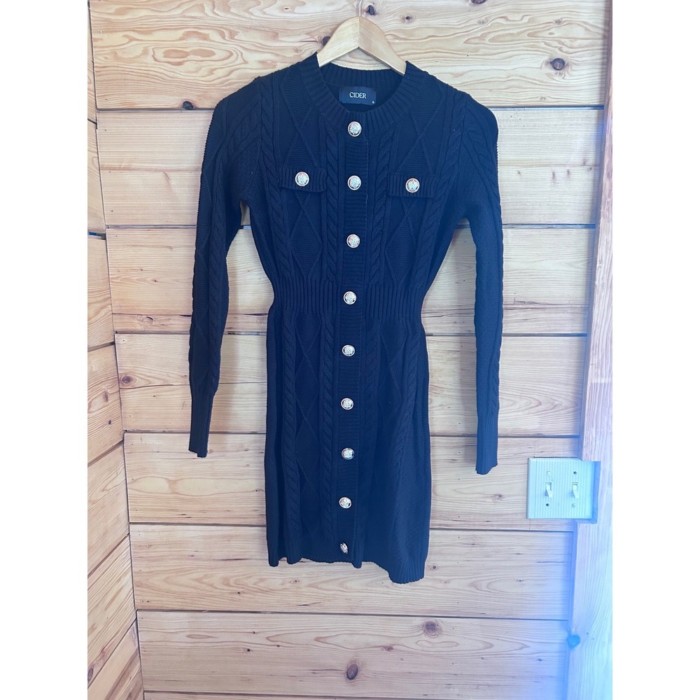 Cable Knit Button Up Mini Dress Womens Small Black Gold Crest Buttons Cider Coas